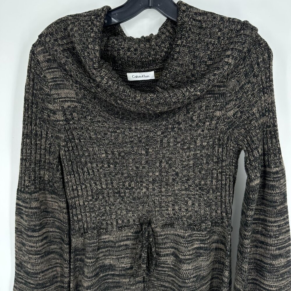 Calvin Klein Sweater Dress Cowl Neck A Line Marled Knit Long Sleeve Brown Black - Picture 3 of 8